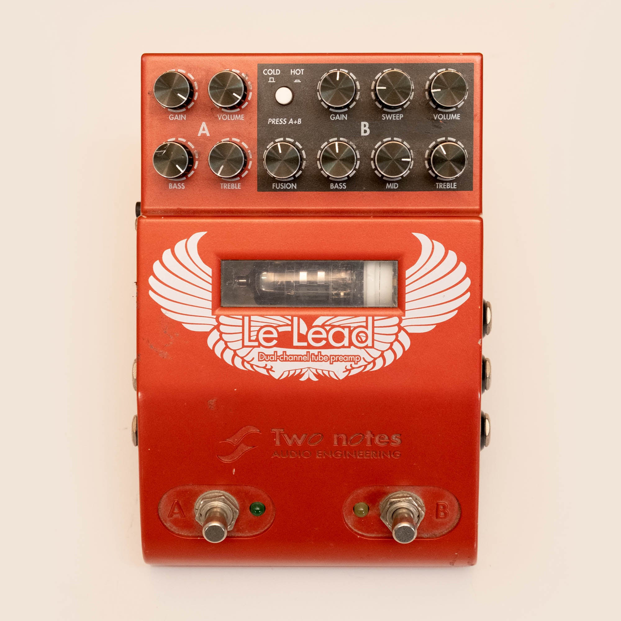Two Notes Le Lead dual-channel tube preamp guitar effects pedal with knobs and input jacks, shown in close-up.