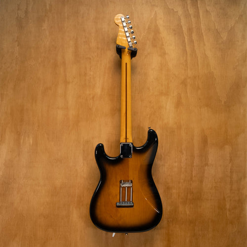 Fender '57 Stratocaster electric guitar in 2-tone sunburst with Texas Specials pickups, made in Japan, showing body and neck details