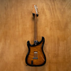 Fender '72 Stratocaster electric guitar in 2-tone sunburst with EMG pickups, made in Japan, vintage 1986, preowned.