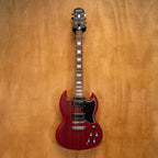 Epiphone SG Standard electric guitar in Worn Cherry finish, showing double-cutaway body and chrome hardware.