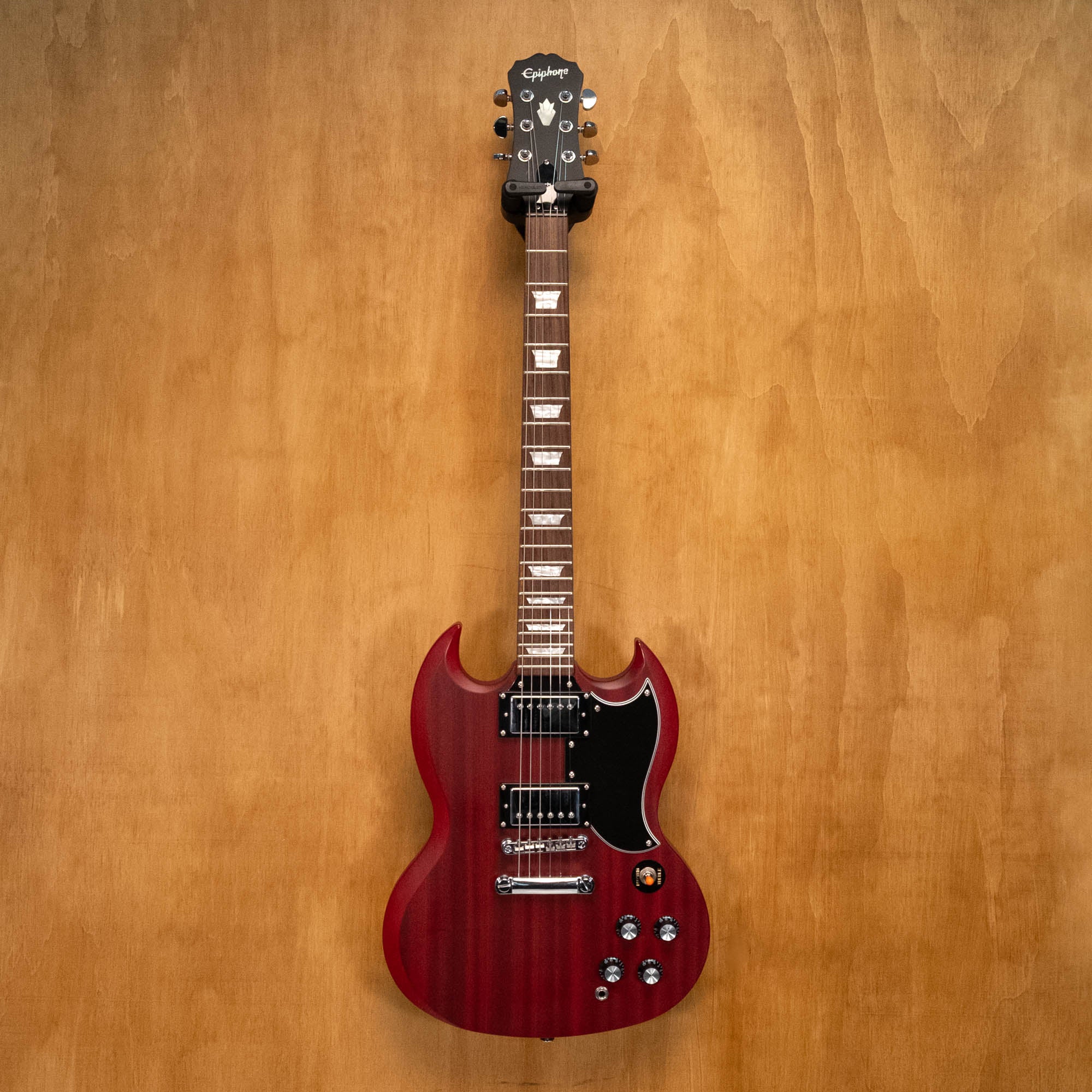 Epiphone SG Standard electric guitar in Worn Cherry finish, showing double-cutaway body and chrome hardware.