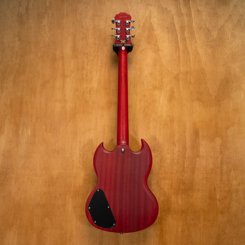 Epiphone SG Standard electric guitar in Worn Cherry finish, showing the body and neck with hardware details.