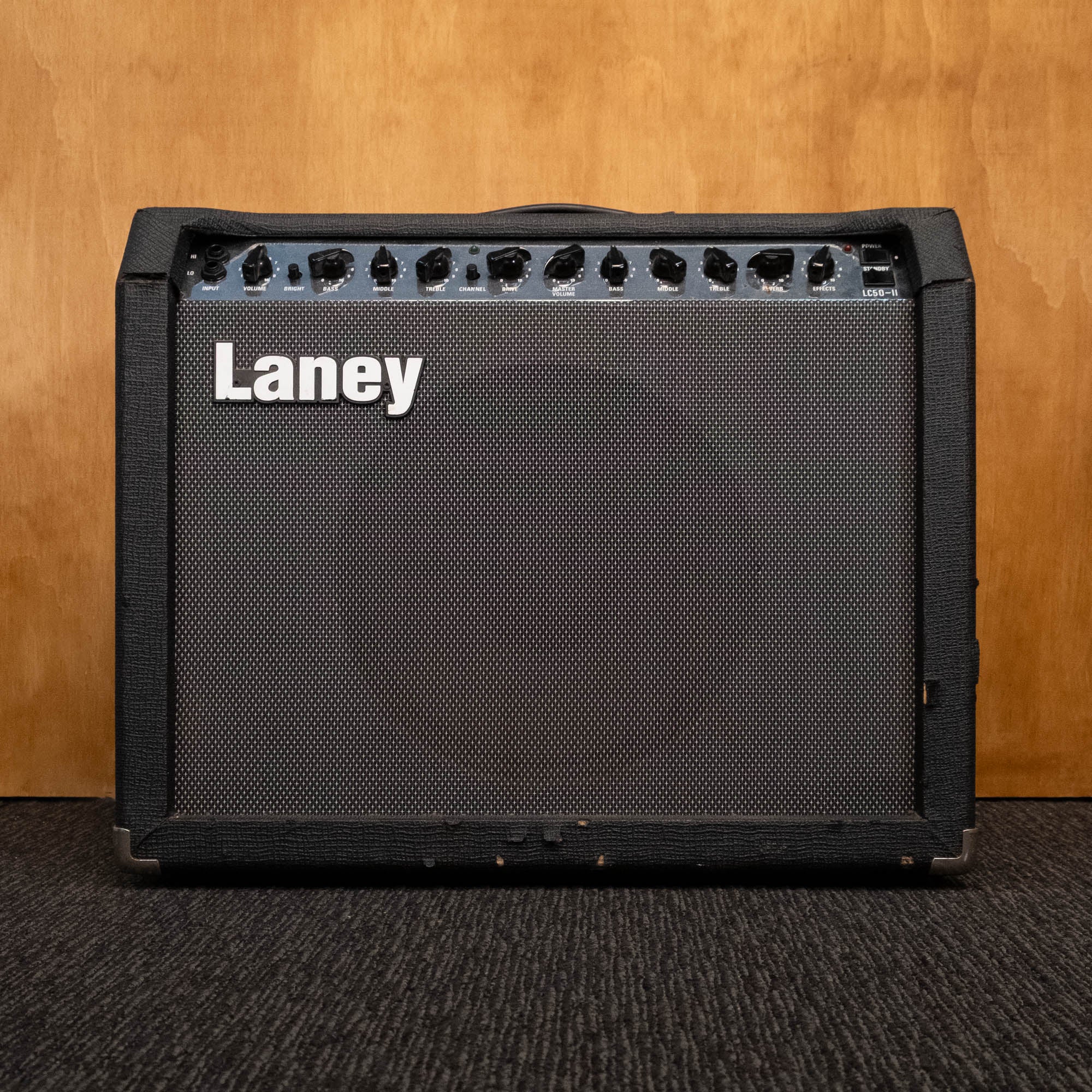 Laney LC-50 50w valve guitar amplifier combo with controls and speaker grille, used, in good condition.