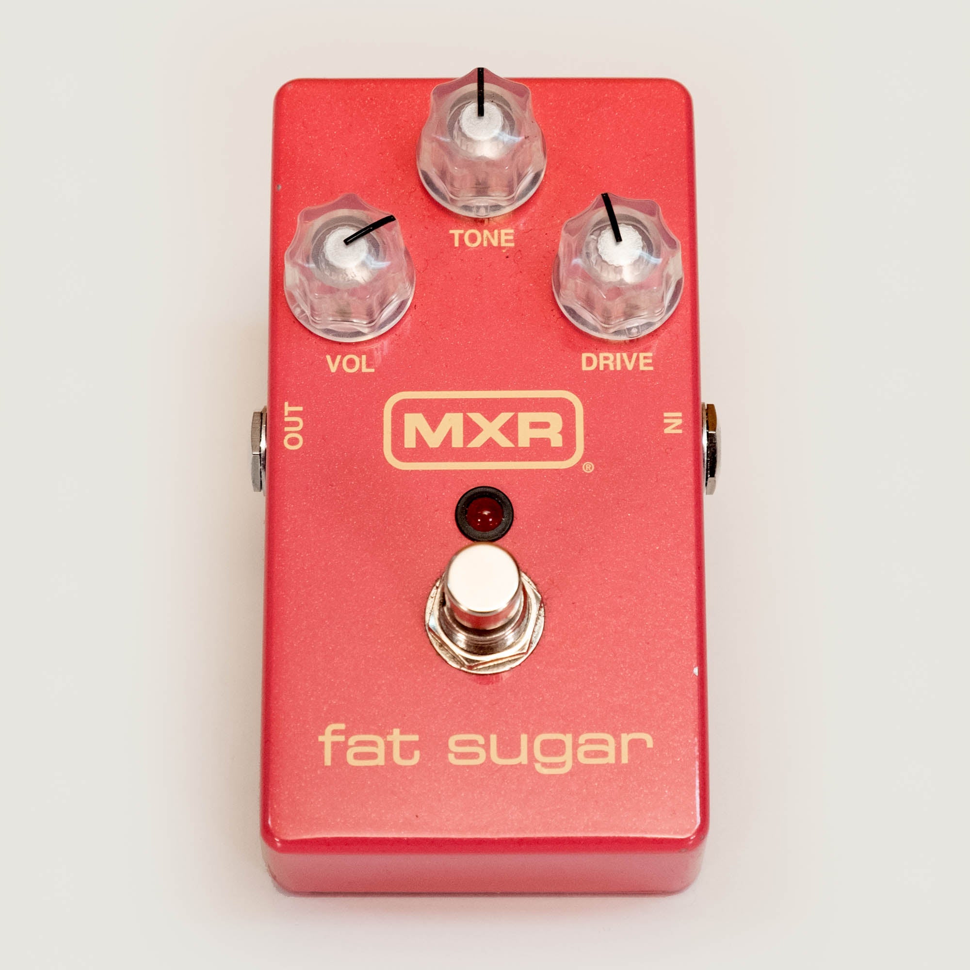 MXR Fat Sugar Drive guitar effects pedal, a single effects pedal with a compact design, shown from front angle.