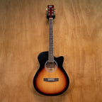 Huxley acoustic guitar in sunburst finish, showcasing its body, neck, and strings, on a plain background.
