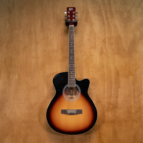 Huxley acoustic guitar in sunburst finish, showcasing its body, neck, and strings, on a plain background.