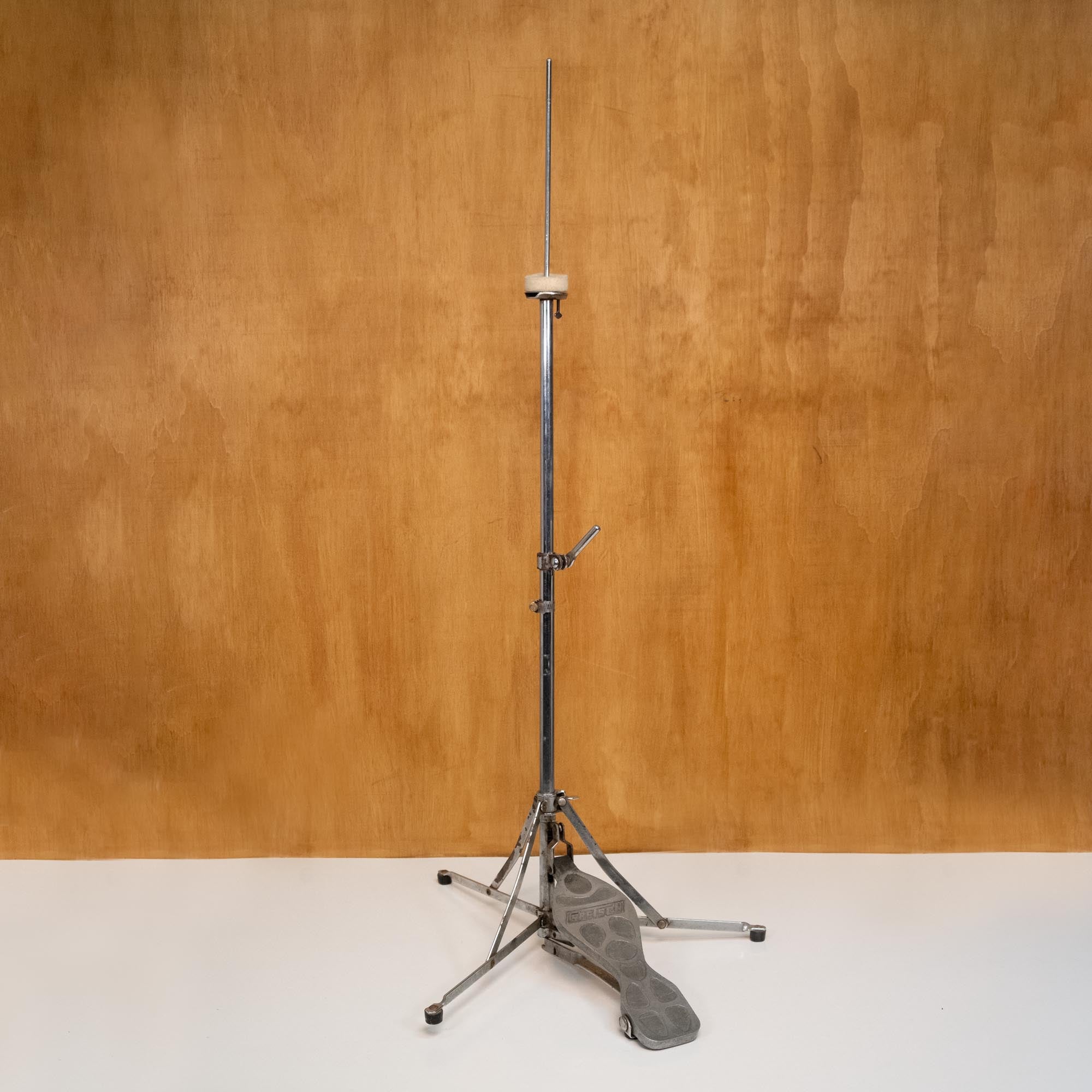 Gretsch '50s Flat-Base Broadkaster hi-hat cymbal stand showing sturdy metal construction and adjustable hardware for drum setup.