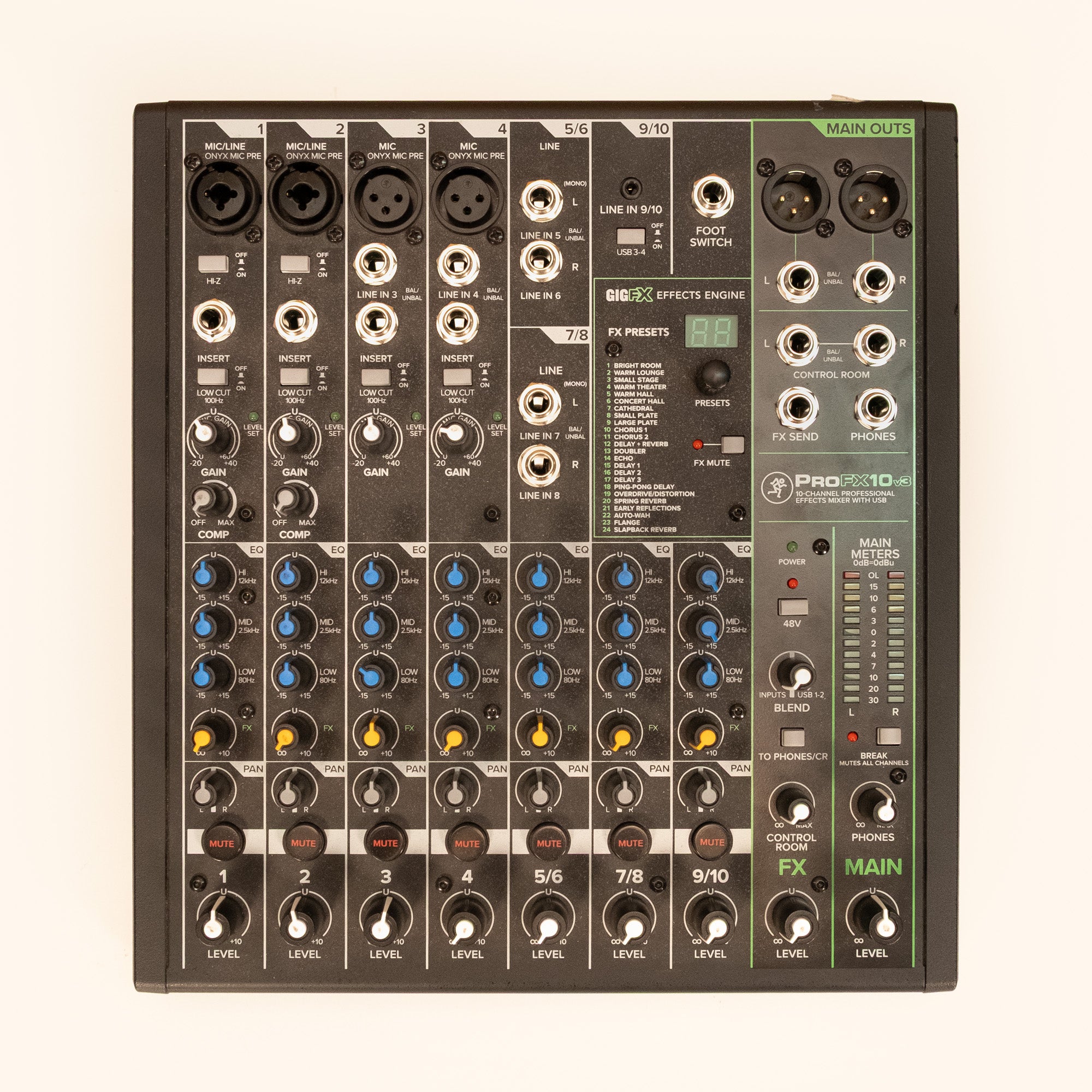 Mackie ProFX10v3 10-channel professional analogue mixer with USB, featuring multiple input channels and control knobs.