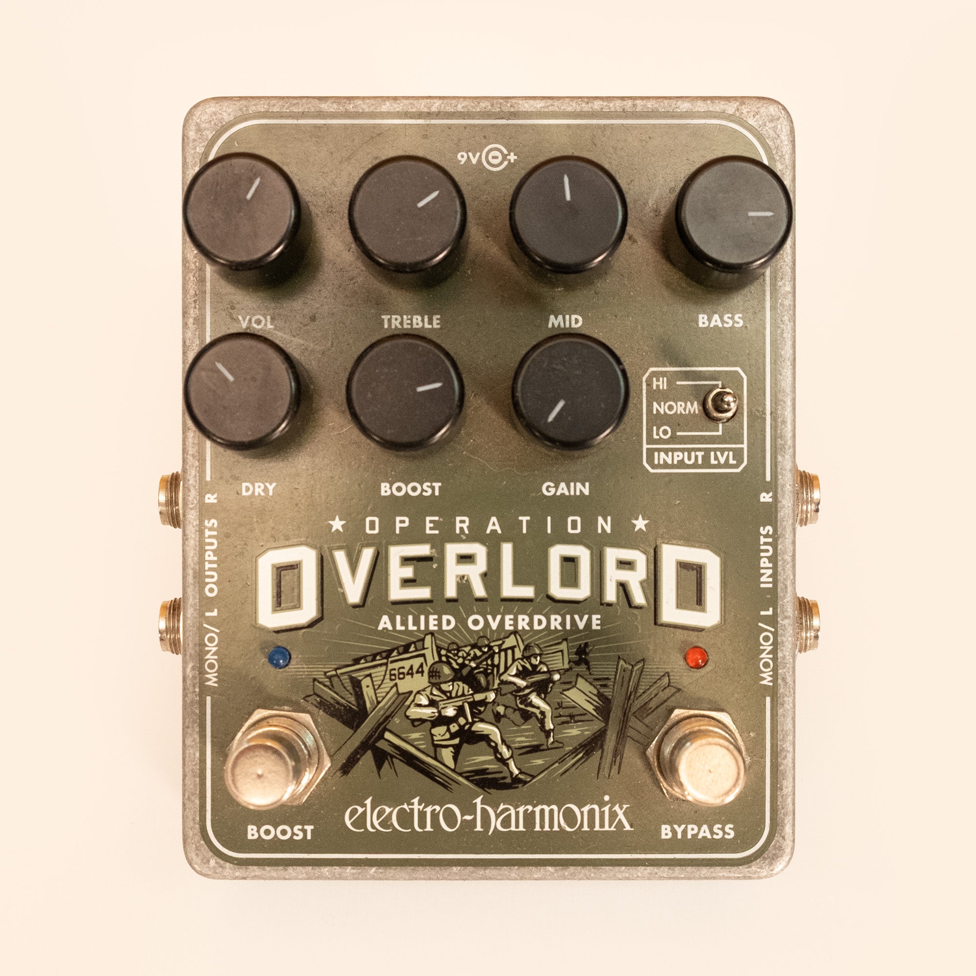 Electro-Harmonix Operation Overlord Allied Overdrive guitar effects pedal, compact effect pedal with controls, black finish, and brand logo