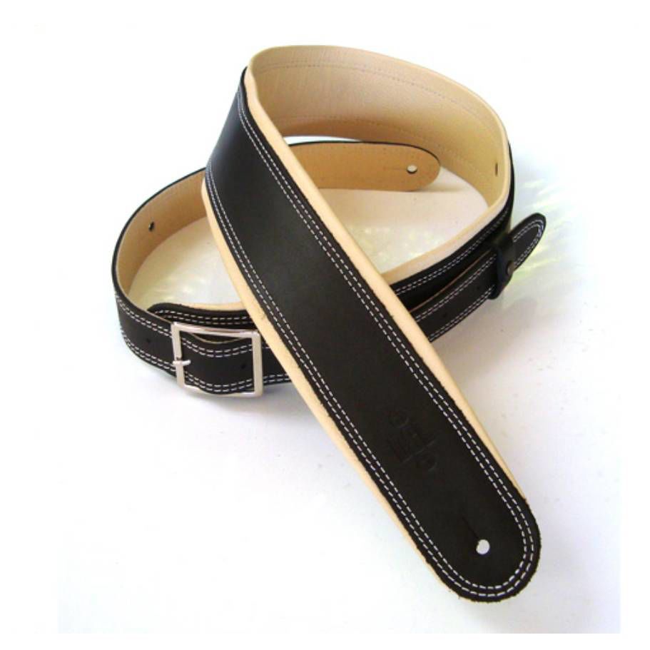 DSL Straps Premium Series Rolled Edge Leather Guitar Strap 2.5in Buckle - Black/Beige