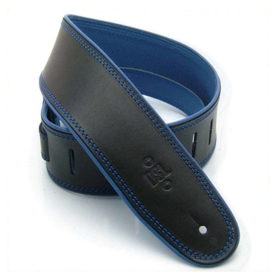DSL Straps Premium Series Rolled Edge Leather Guitar Strap 2.5in Buckle - Black/Blue