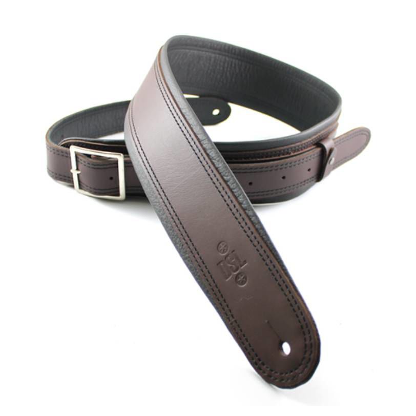 DSL Straps Premium Series Rolled Edge Leather Guitar Strap 2.5in Buckle - Saddle Brown/Black