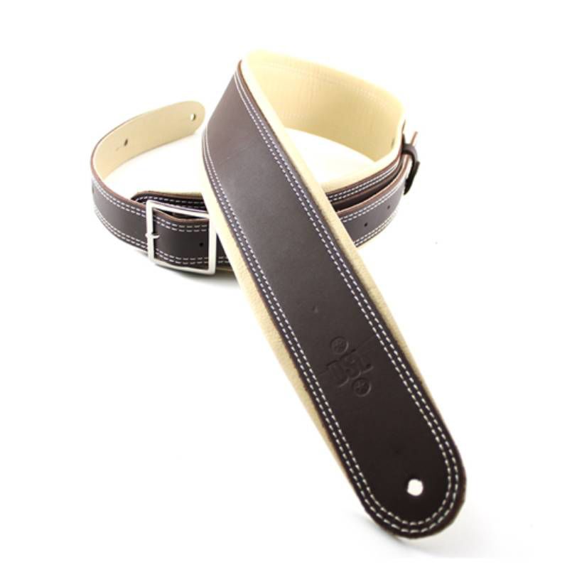 DSL Straps Premium Series Rolled Edge Leather Guitar Strap 2.5in Buckle - Saddle Brown/Beige