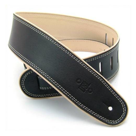 DSL Straps Premium Series Rolled Edge Leather Guitar Strap 2.5in - Black/Beige