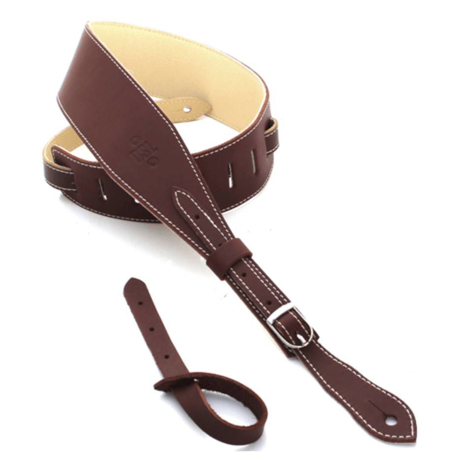 DSL Straps Premium Series Slender Leather Guitar Strap 2.5in Buckle - Maroon/Beige