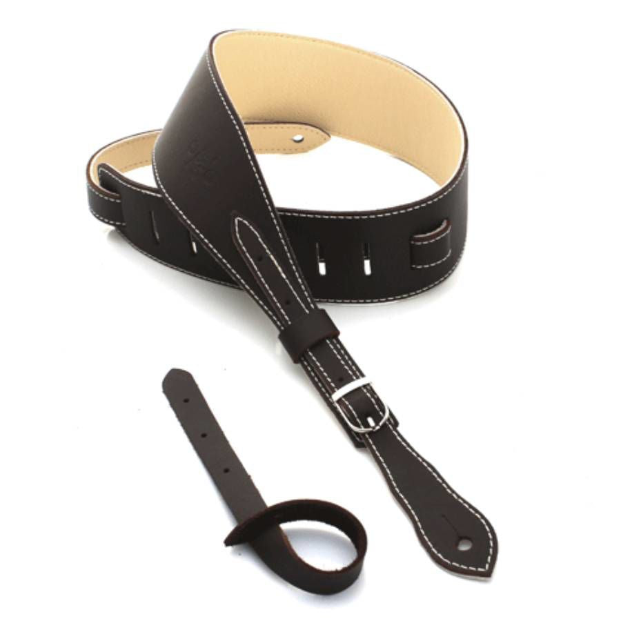 DSL Straps Premium Series Slender Leather Guitar Strap 2.5in Buckle - Saddle Brown/Beige