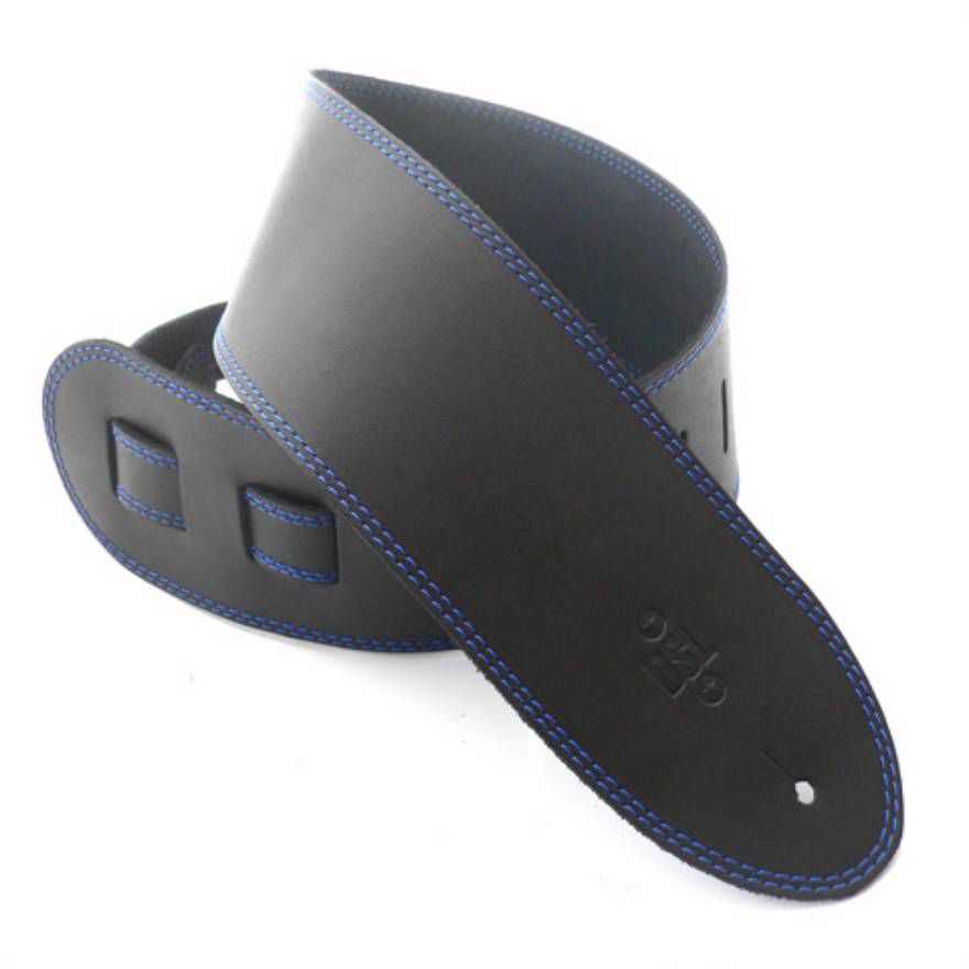 DSL Straps Classic Series Single Ply Guitar Strap 3.5in - Black/Blue Stitch - Extra Length