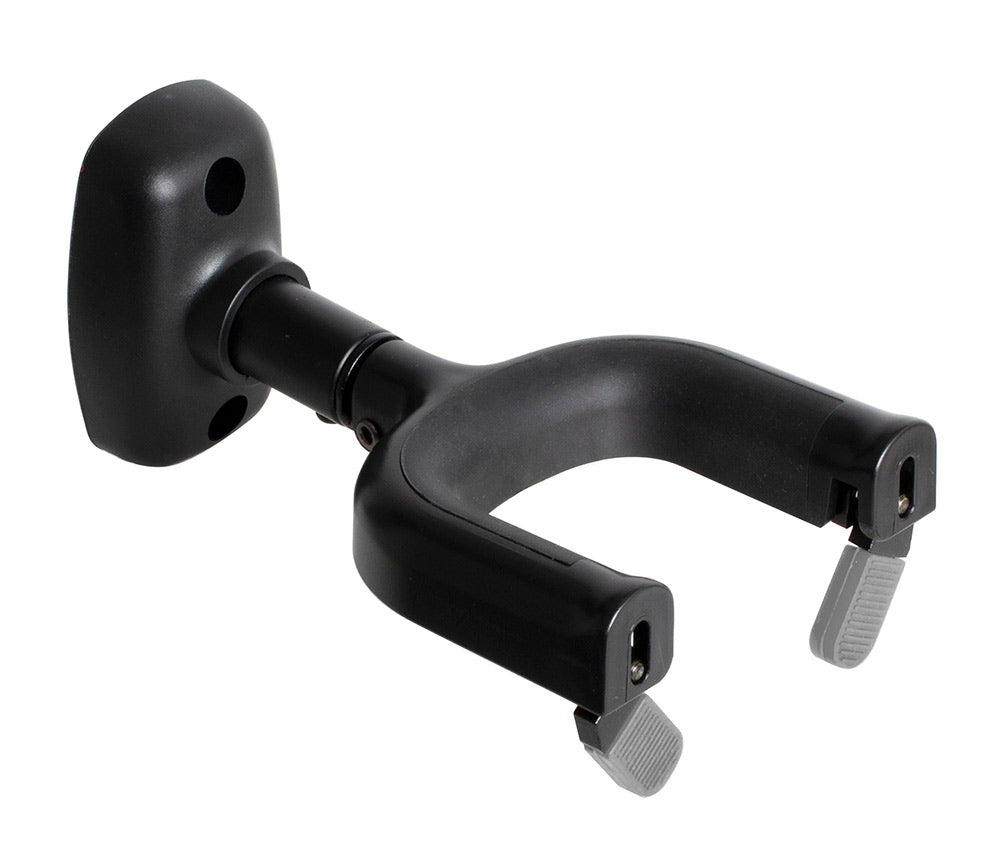 Xtreme Pro Locking Guitar Hanger mounted on wall holding an acoustic guitar securely in a guitar stand.