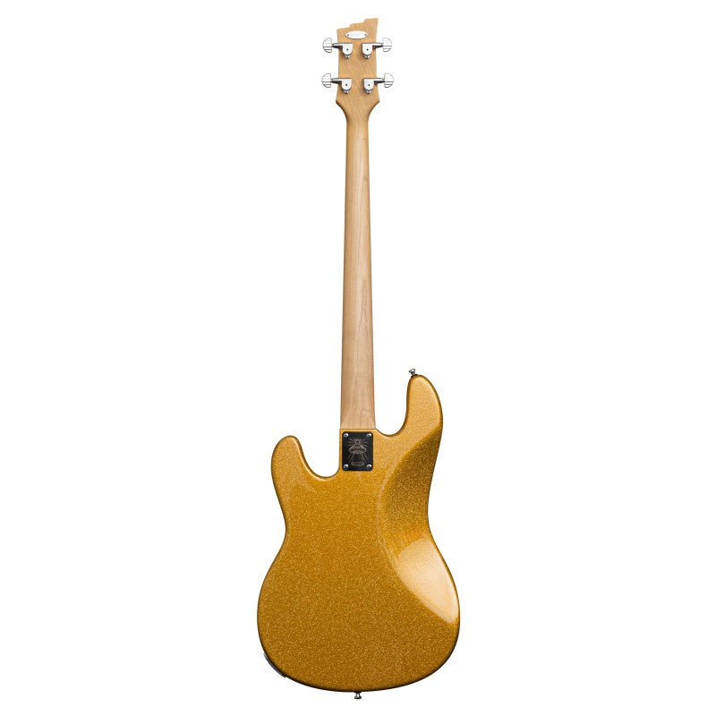 Duesenberg Alliance Chris Chaney bass guitar in gold sparkle finish, featuring a sleek body and four-string design.