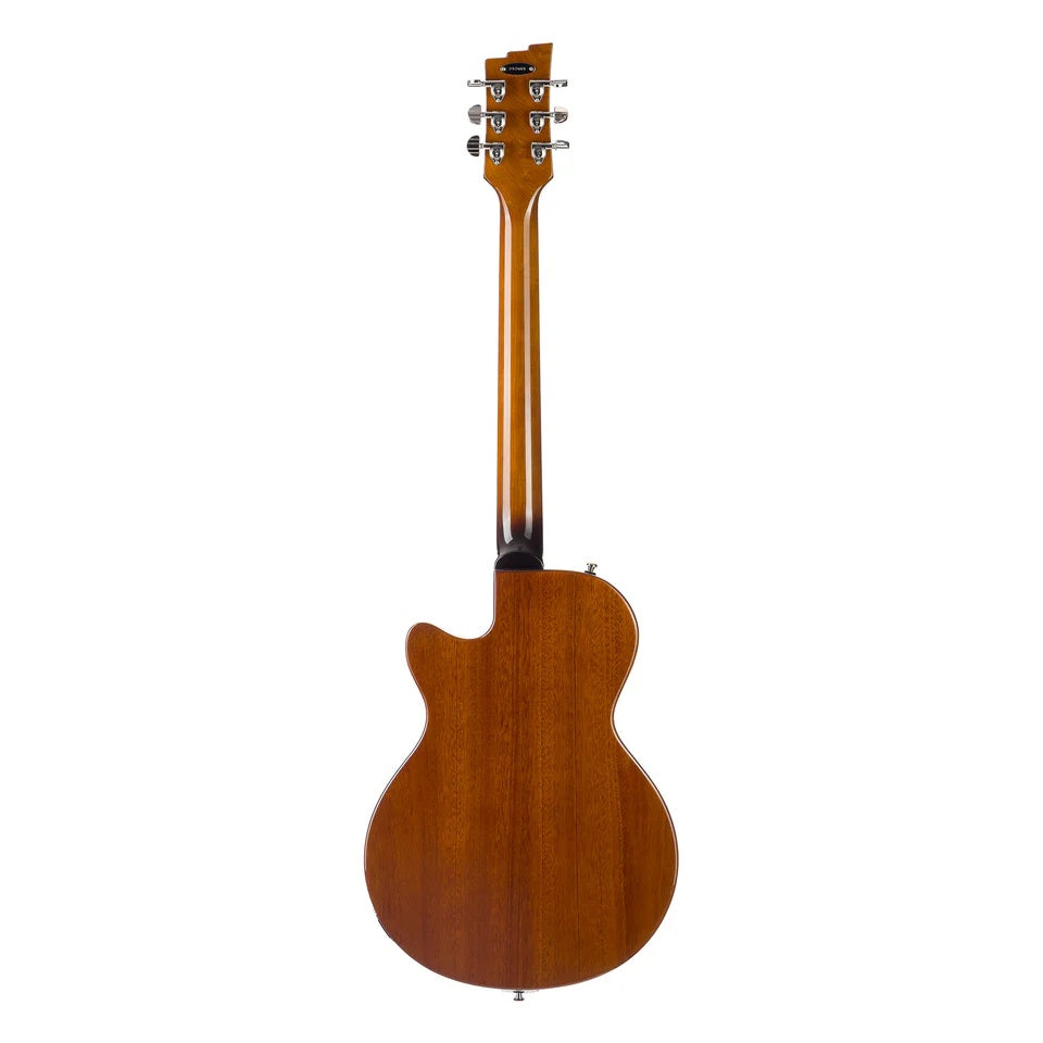Duesenberg Starplayer CBR electric guitar with transparent orange finish, showcasing its sleek body and vintage-style hardware.