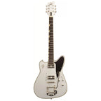Duesenberg Falken electric guitar in silver with sleek body and chrome hardware, showcasing a modern design and dual humbucker pickups.