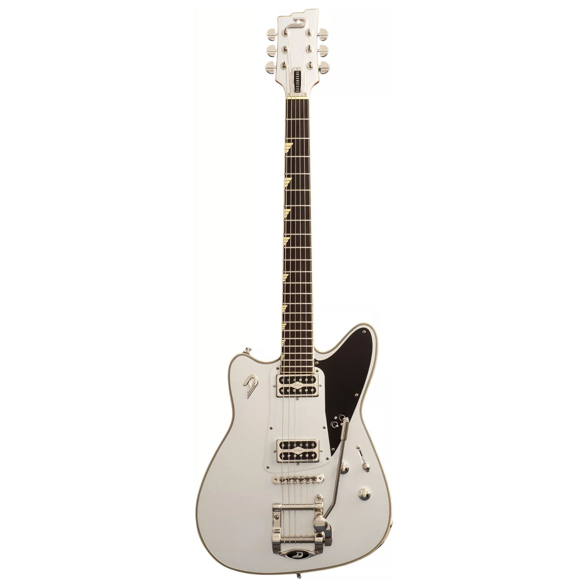 Duesenberg Falken electric guitar in silver with sleek body and chrome hardware, showcasing a modern design and dual humbucker pickups.