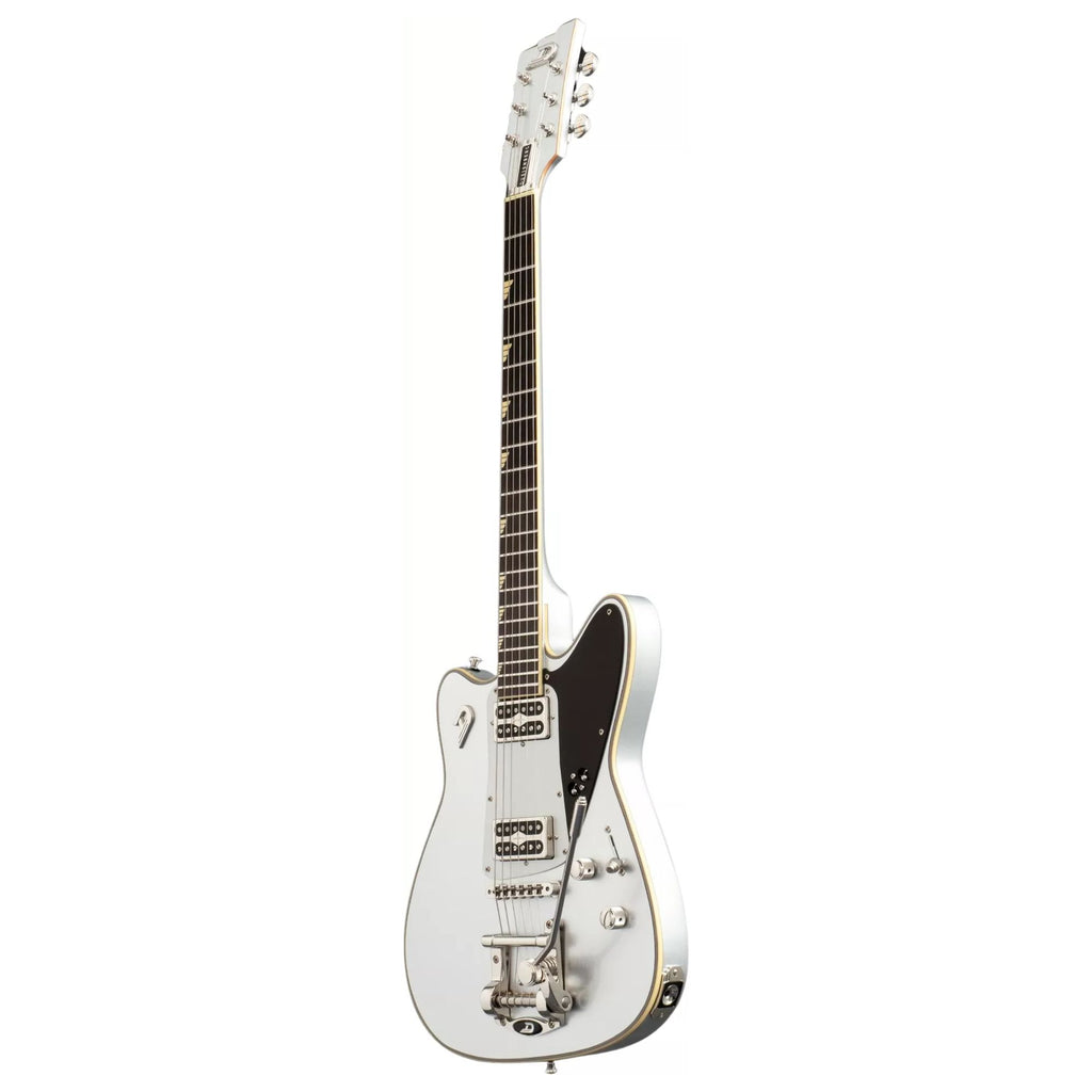 Duesenberg Falken electric guitar in silver with sleek body and chrome hardware, showcasing its stylish design and pickups.