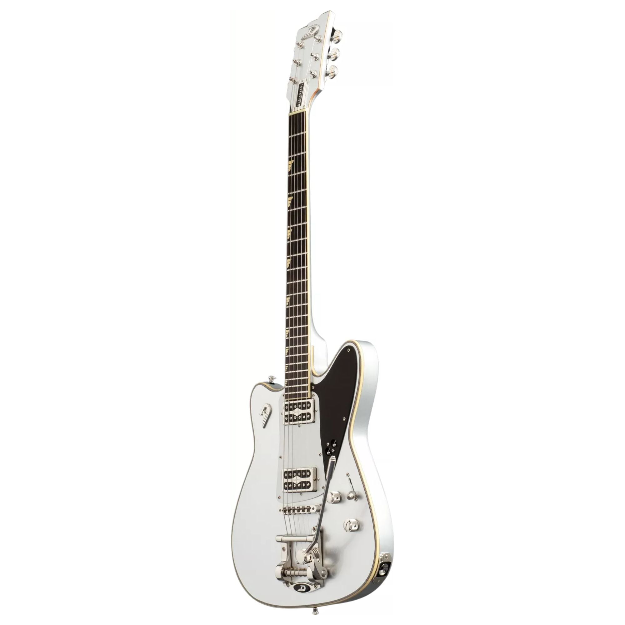 Duesenberg Falken electric guitar in silver with sleek body and chrome hardware, showcasing its stylish design and pickups.