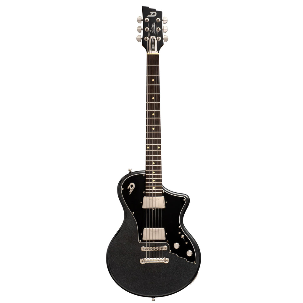 Duesenberg Julietta Catalina electric guitar in black with sleek body and chrome hardware, showcasing its stylish design.
