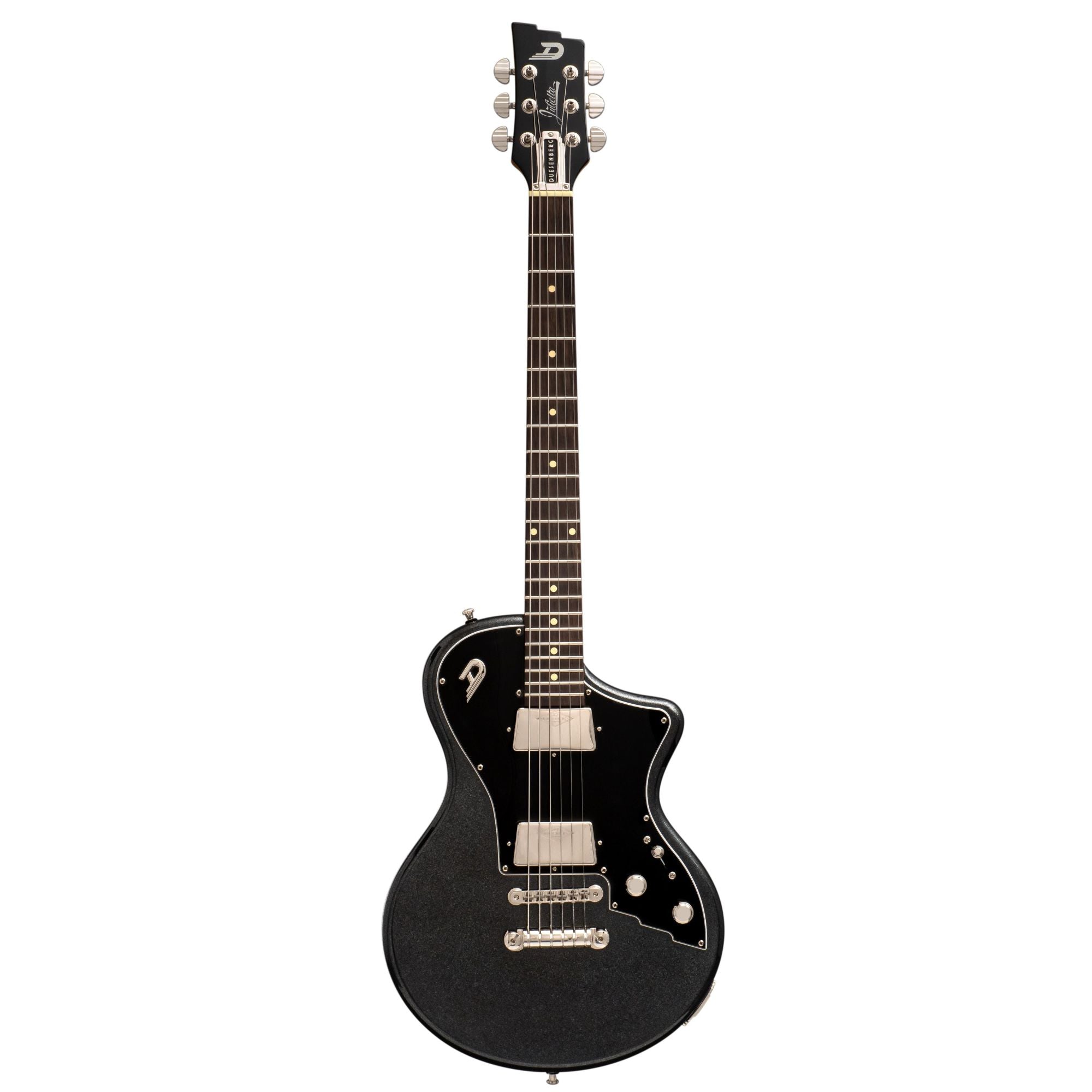 Duesenberg Julietta Catalina electric guitar in black with sleek body and chrome hardware, showcasing its stylish design.