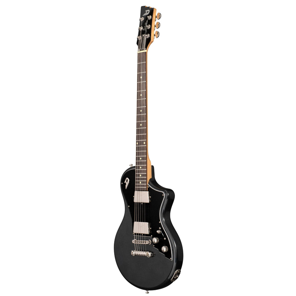 Duesenberg Julietta Catalina electric guitar in black with chrome hardware and dual humbucking pickups, showcasing sleek design.