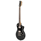 Duesenberg Julietta Catalina electric guitar in black with chrome hardware and dual humbucking pickups, showcasing sleek design.