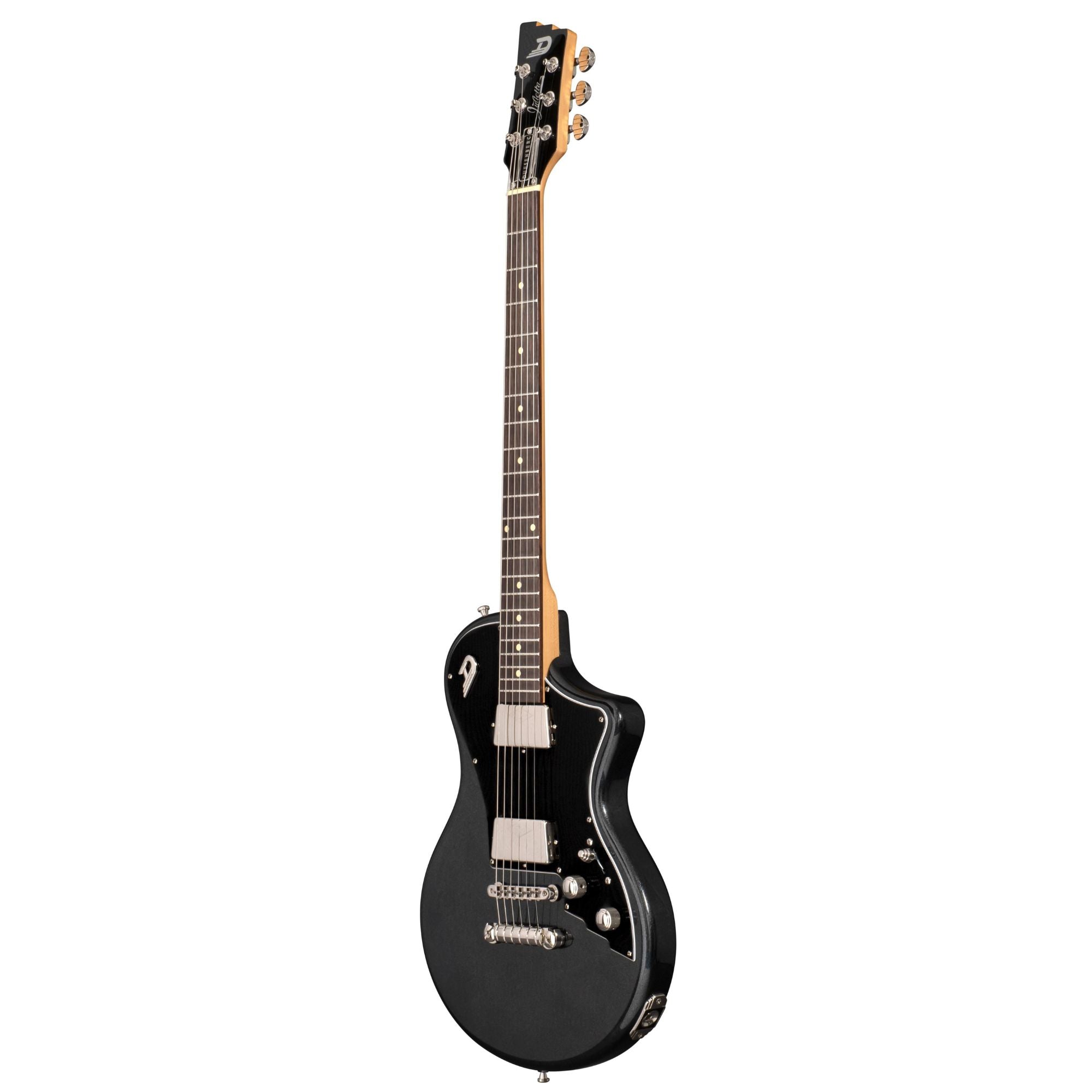 Duesenberg Julietta Catalina electric guitar in black with chrome hardware and dual humbucking pickups, showcasing sleek design.