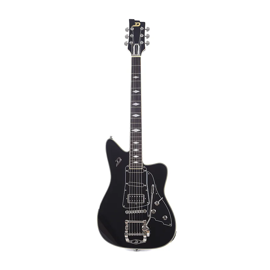 Duesenberg Paloma electric guitar in black with chrome hardware and sleek design, showcasing the guitar's body and neck.