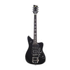 Duesenberg Paloma electric guitar in black with chrome hardware and sleek design, showcasing the guitar's body and neck.