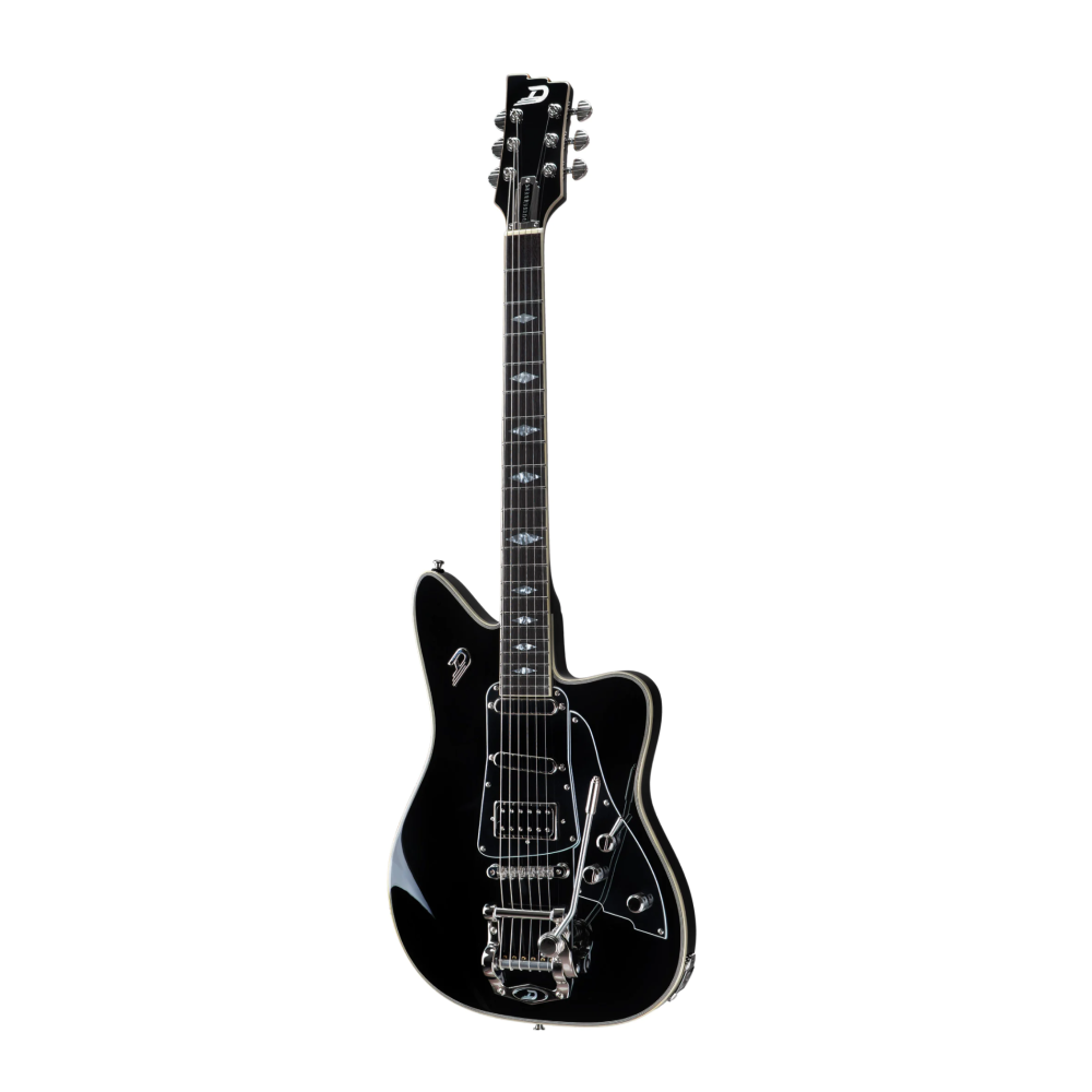 Duesenberg Paloma electric guitar in black with sleek body and chrome hardware, showcasing the brand's signature design.
