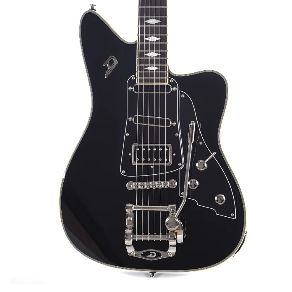 Duesenberg Paloma electric guitar in black with sleek body, chrome hardware, and dual humbucker pickups.