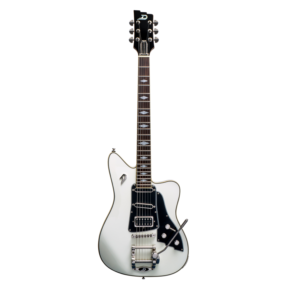 Duesenberg Paloma electric guitar in white with chrome hardware, showing the sleek body and pickups with a white finish.
