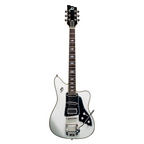 Duesenberg Paloma electric guitar in white with chrome hardware, showing the sleek body and pickups with a white finish.