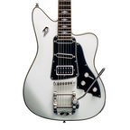 Duesenberg Paloma electric guitar in white with chrome hardware and sleek body, showcasing its stylish design and pickups.
