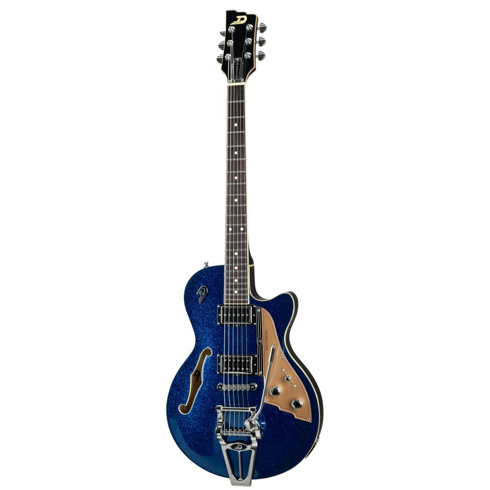 Duesenberg Starplayer TV electric guitar in blue sparkle finish with chrome hardware and dual humbucker pickups.