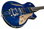 Duesenberg Starplayer TV electric guitar in blue sparkle finish, showcasing its sleek body and vintage-style pickups.
