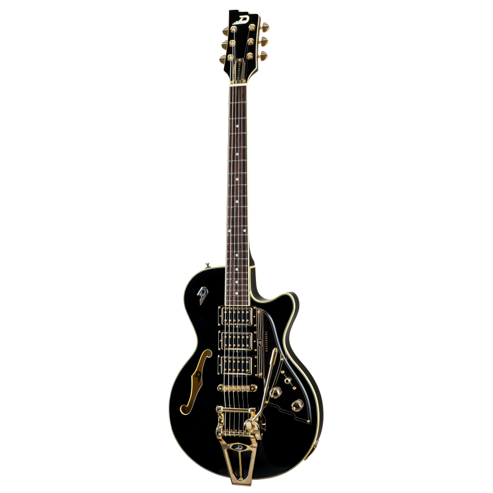 Black Duesenberg Starplayer TV Custom electric guitar with three pickups, showcasing a sleek body and vintage-style hardware.
