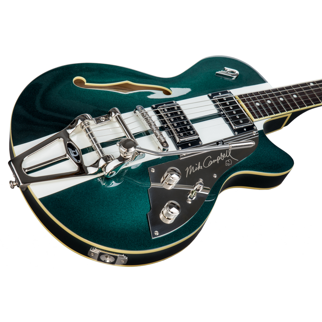 Duesenberg Alliance Mike Campbell 40th Anniversary electric guitar in vibrant green with chrome hardware and classic design details.
