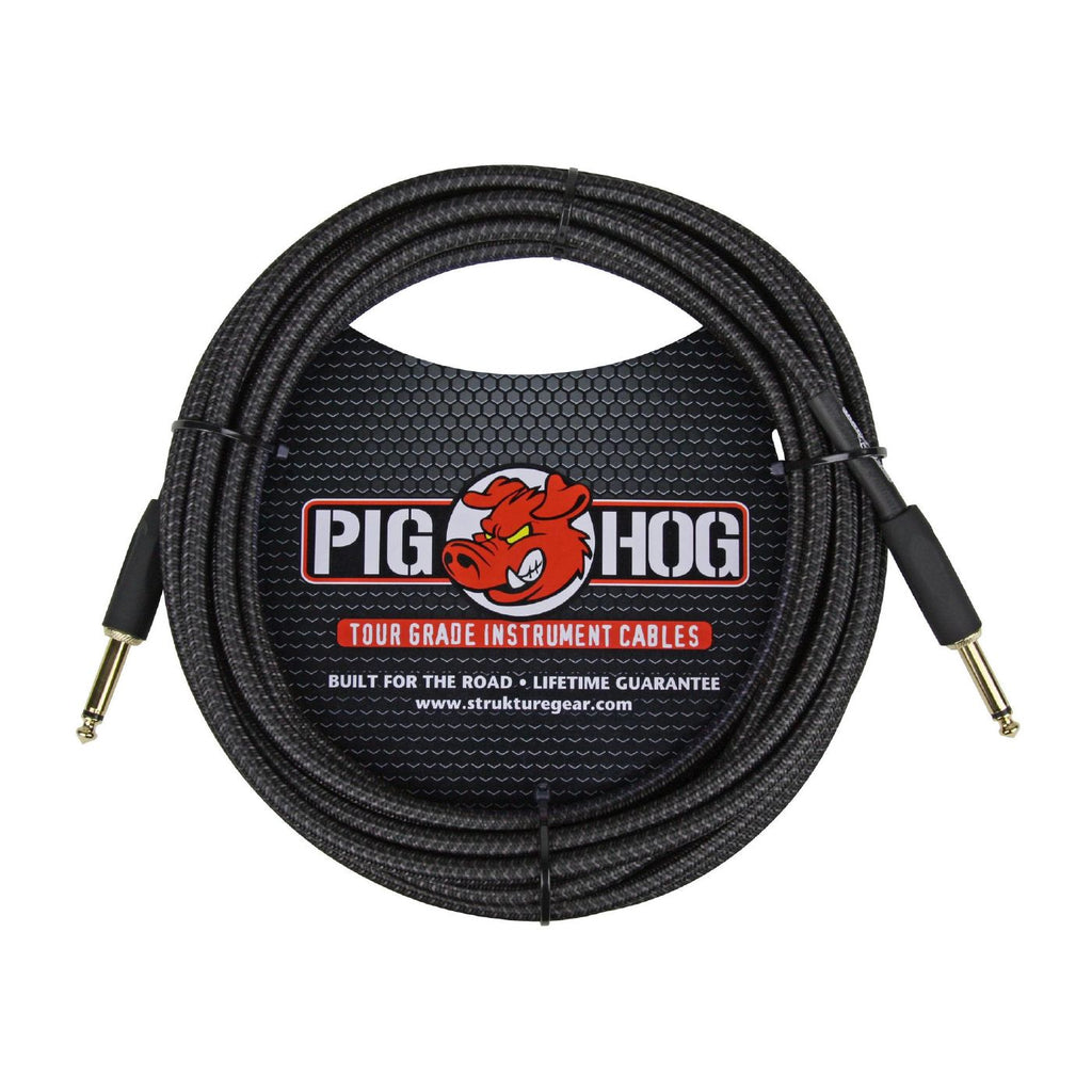 Black 20ft Pig Hog guitar instrument cable with woven outer layer, ideal for high-quality sound connection.