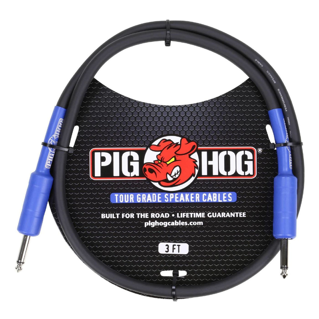 Pig Hog 3ft 14-gauge speaker cable for PA systems, showing a black cable with connectors on each end.