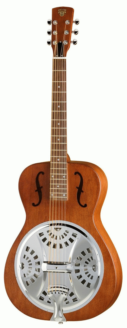 Vintage brown Epiphone Dobro Hound Dog round neck resonator guitar, showcasing its metal body and intricate details.