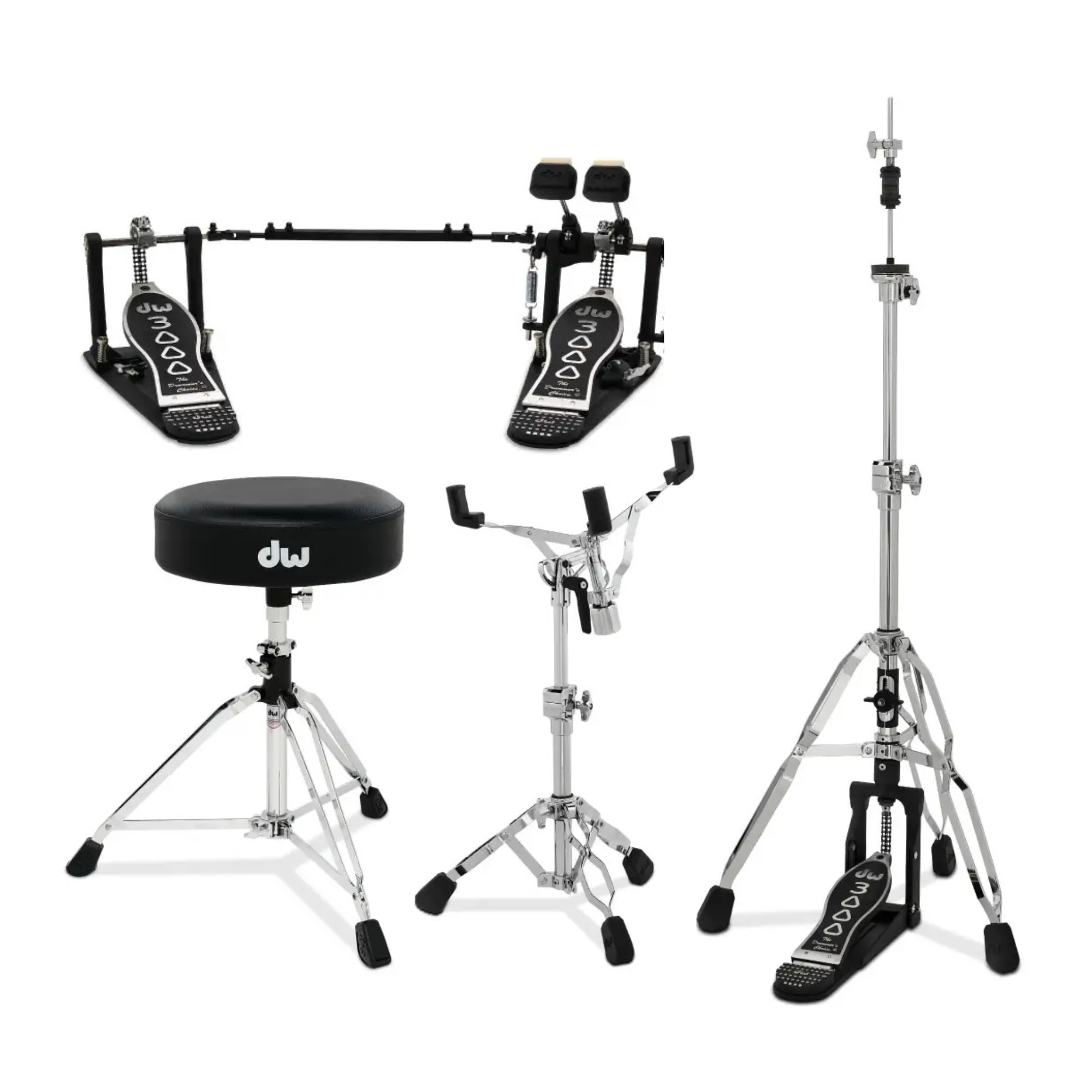 DW 3000 4pc Hardware Pack (Double Pedal, 3-leg HH Stand, SN Stand & Stool)