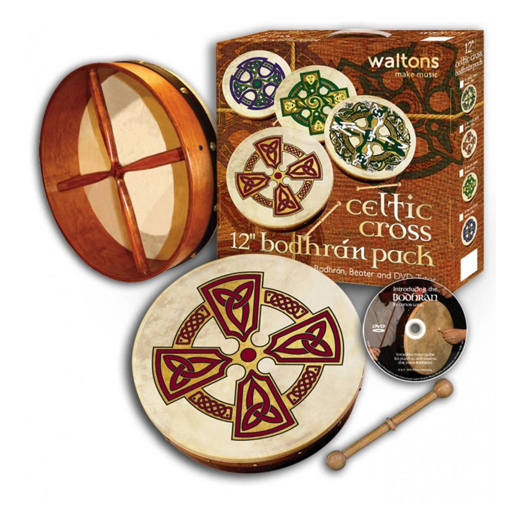 Waltons DWP2510 Kilkenny Cross print bodhran pack featuring a 12-inch hand percussion drum with traditional Irish design.