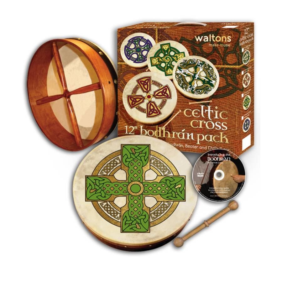 Waltons Cloghan Cross Print Bodhran Pack with 12-inch hand percussion instrument and accessories, featuring traditional Irish design.